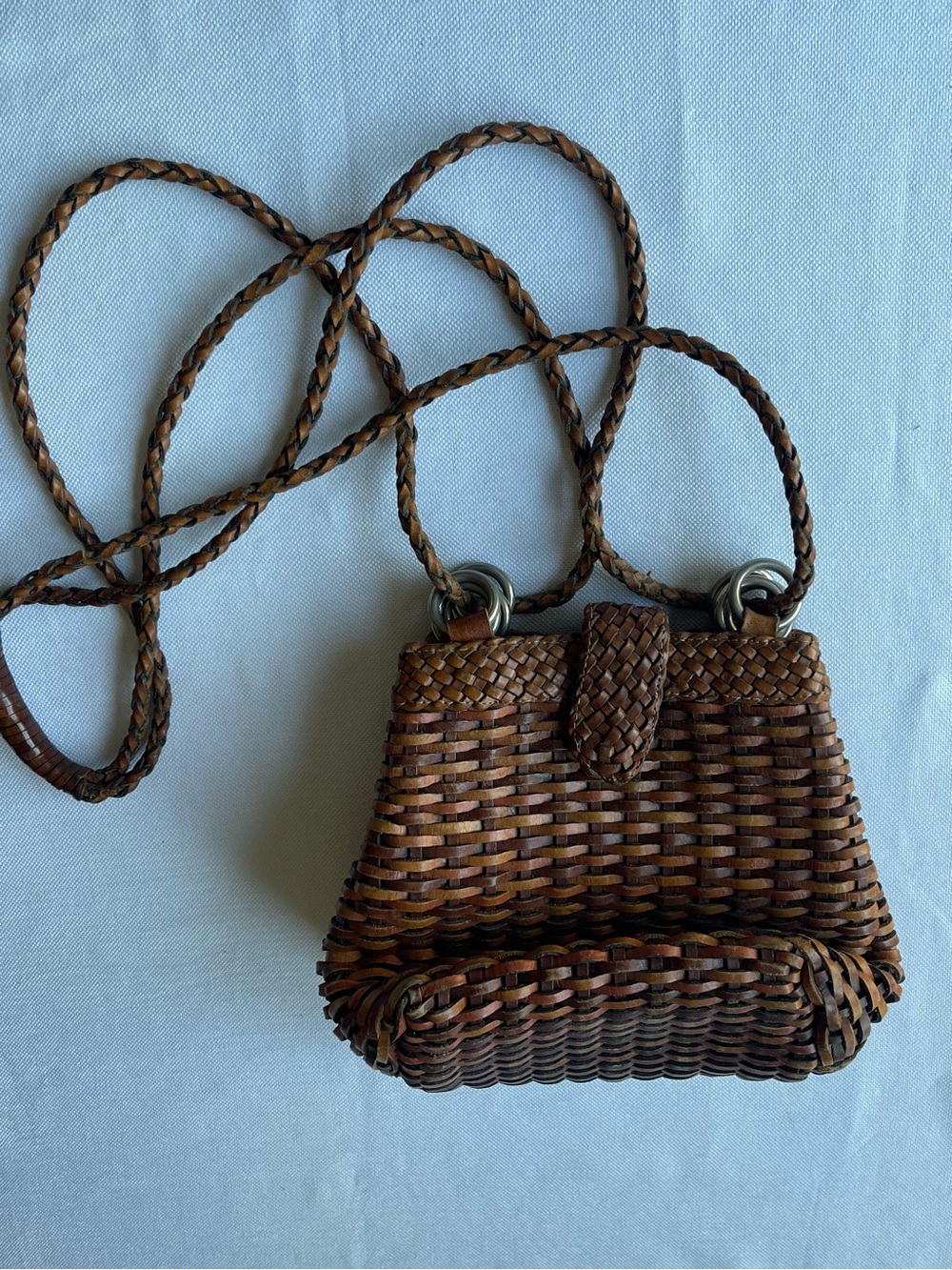 Lisa Loren Leather Brown Woven Small Crossbody Bag Magnetic Close